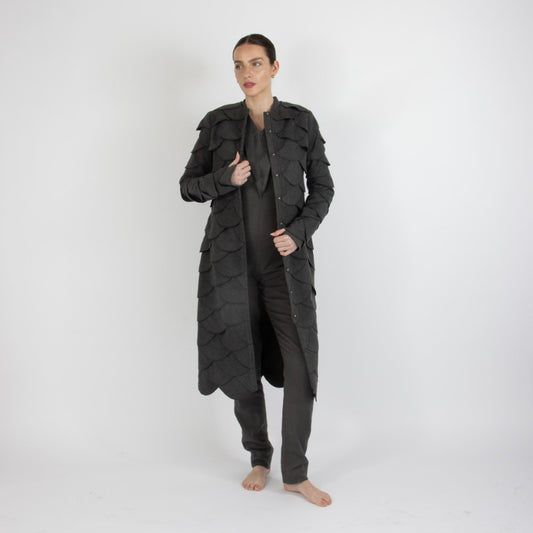 Grey Maristella Scalloped Wool Overcoat