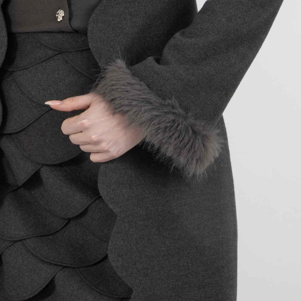 Grey Elysia Scalloped Wool Overcoat