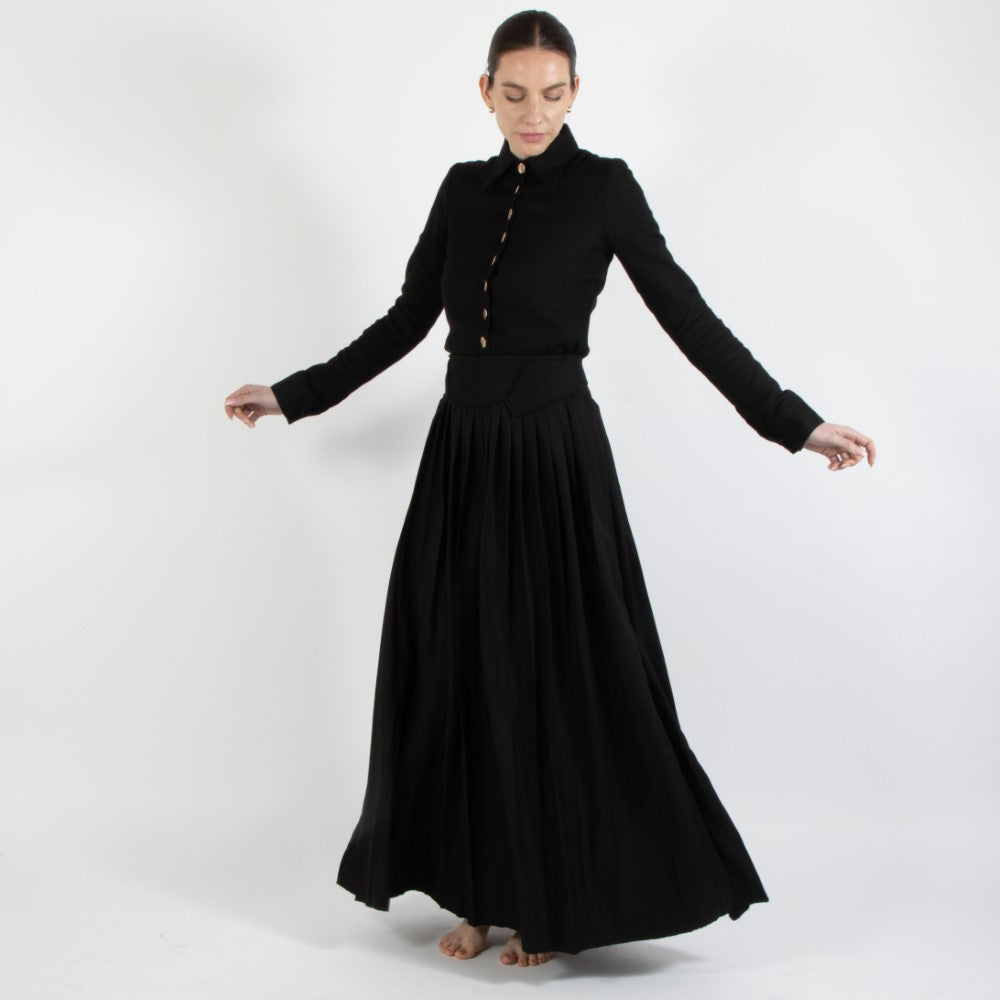 Black Nixie Pleated Wool Skirt With Adjuster Waist Band