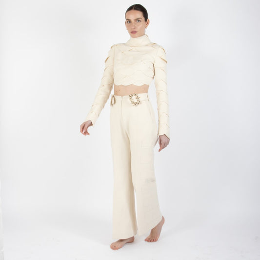 Ecru White Lunara Flair Bottom Wool Trouser With Embellishment At Waist Band