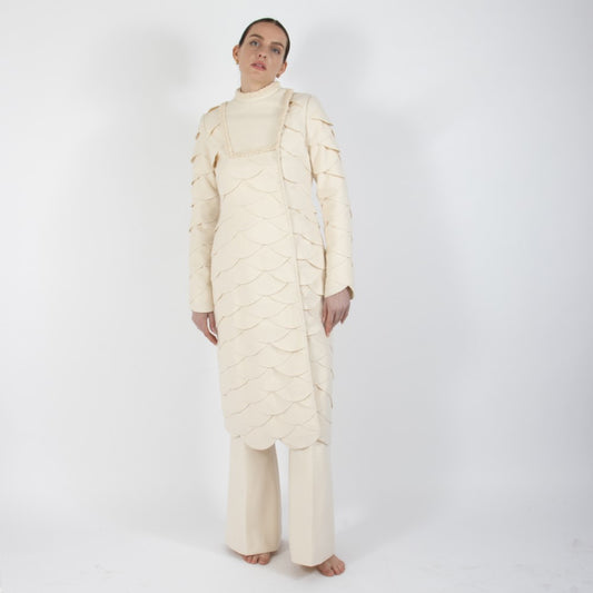 Ecru White Lumiere Scalloped Wool Overcoat