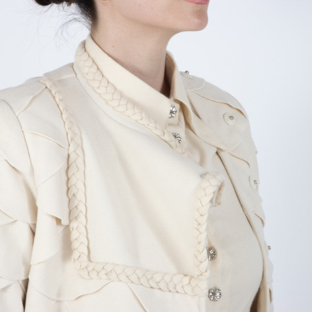 Ecru White Lumiere Scalloped Wool Overcoat