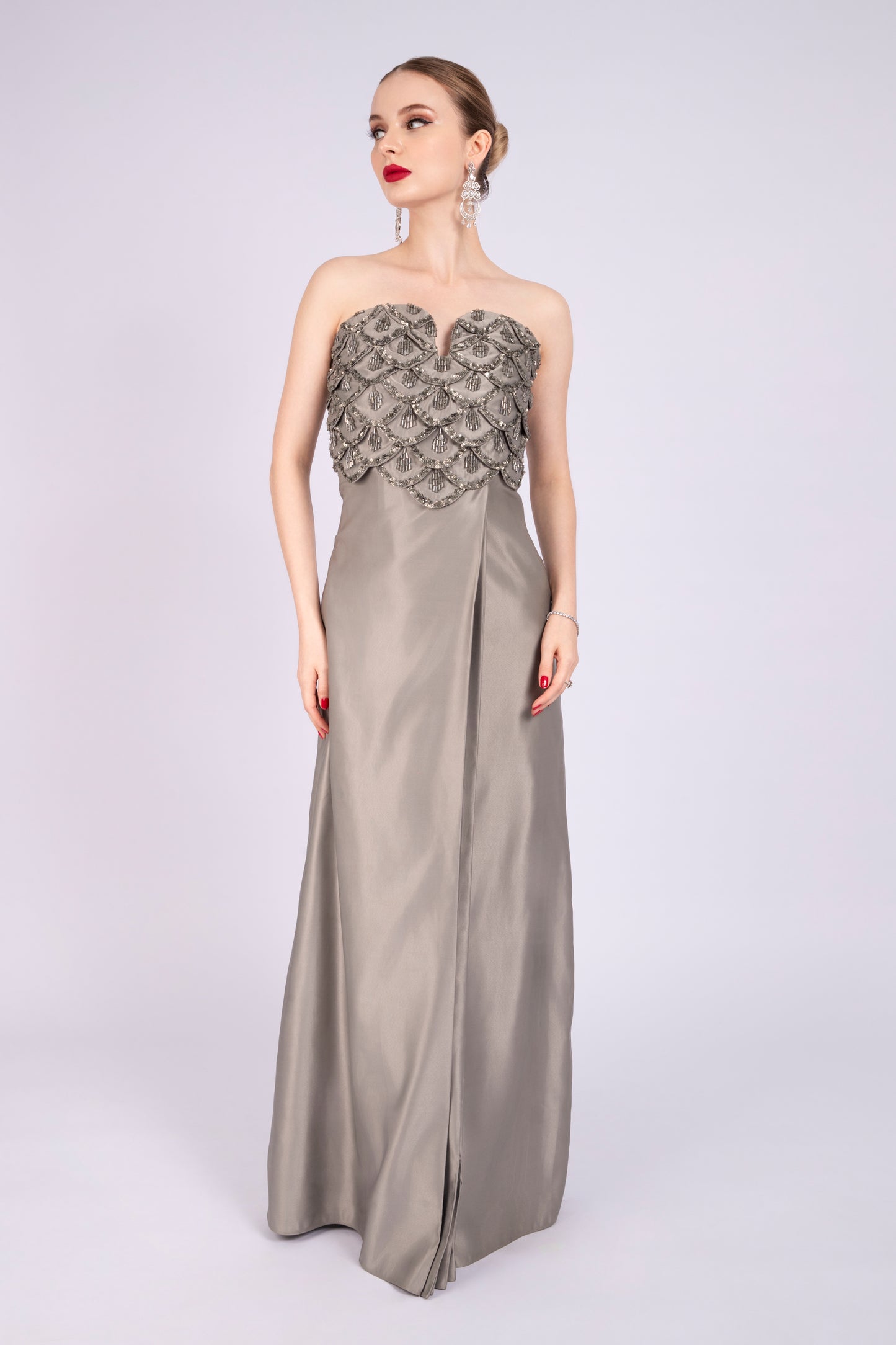Grey Satin Embellished Dress