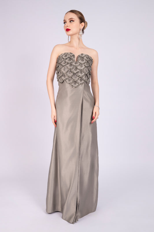 Grey Satin Embellished Dress