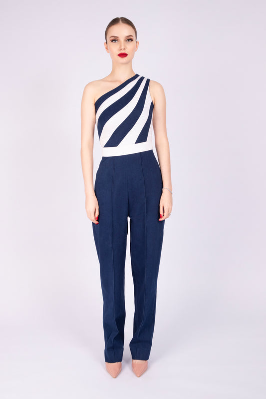 Blue and White Denim Jumpsuit