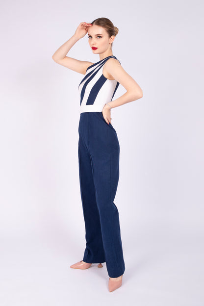 Blue and White Denim Jumpsuit
