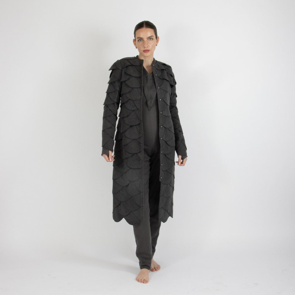 Grey Maristella Scalloped Wool Overcoat