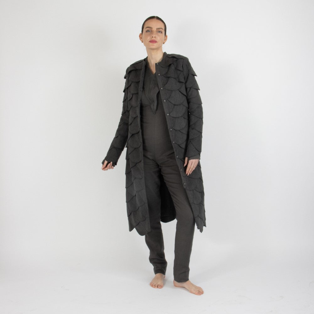 Grey Maristella Scalloped Wool Overcoat