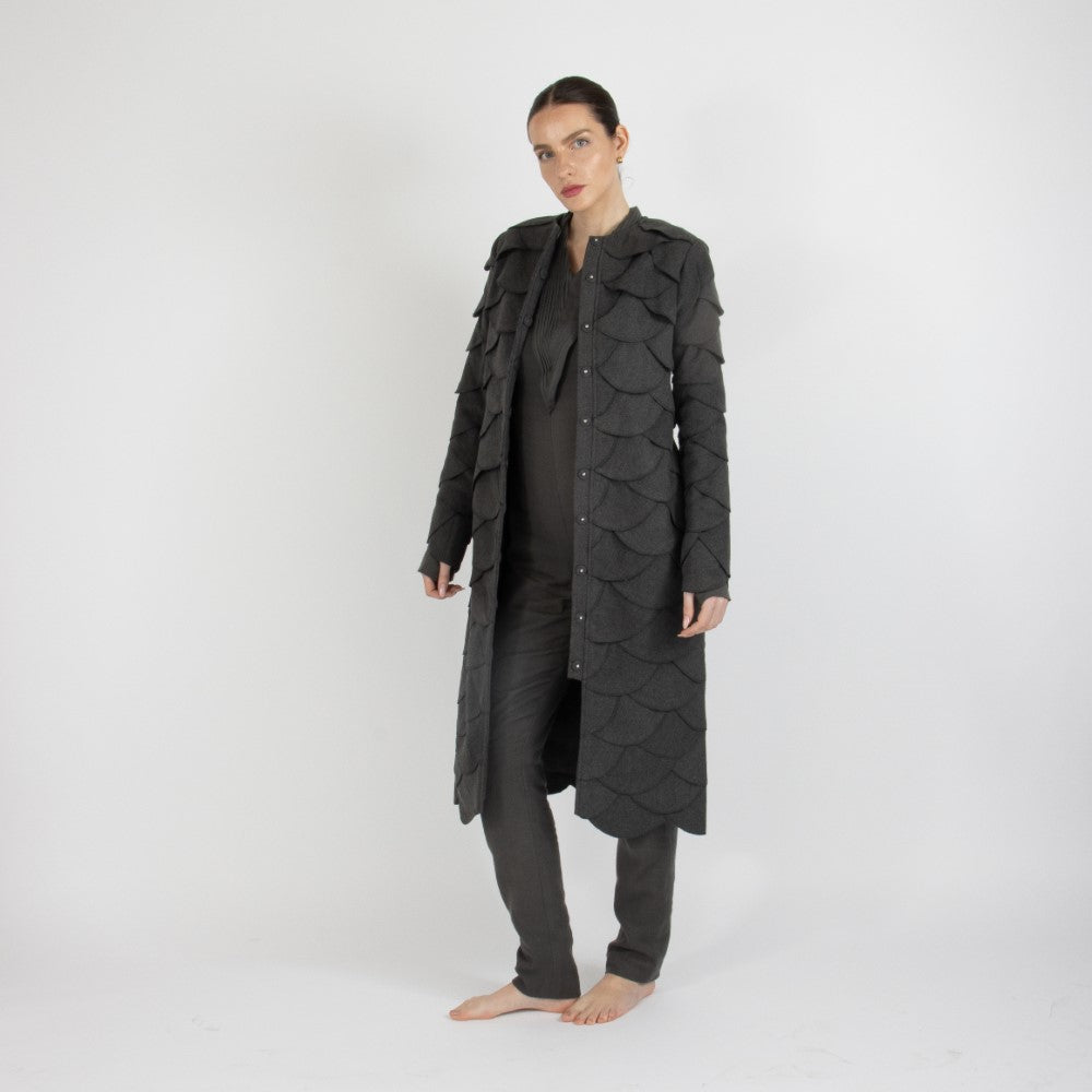 Grey Maristella Scalloped Wool Overcoat