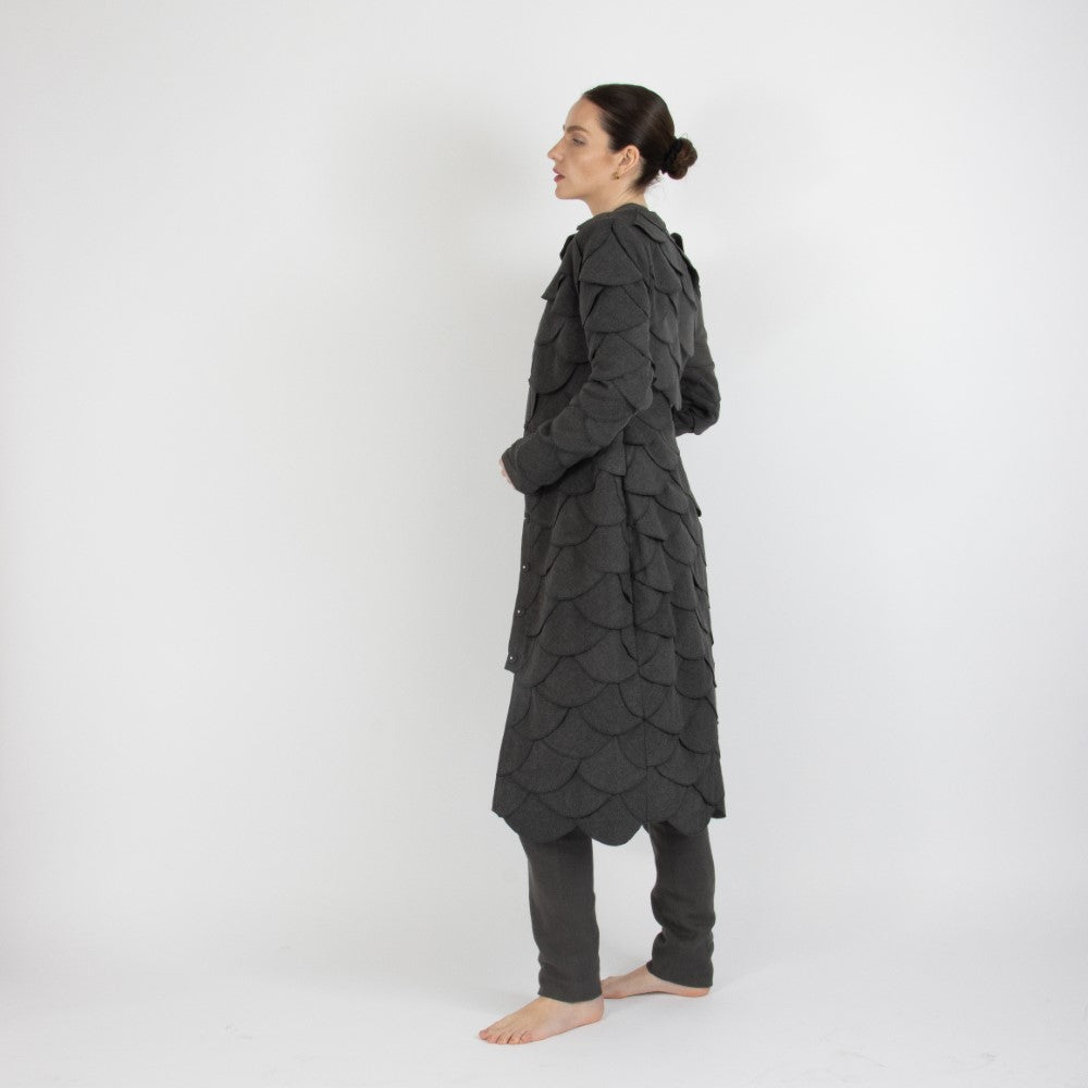Grey Maristella Scalloped Wool Overcoat
