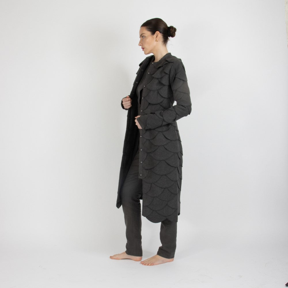 Grey Maristella Scalloped Wool Overcoat