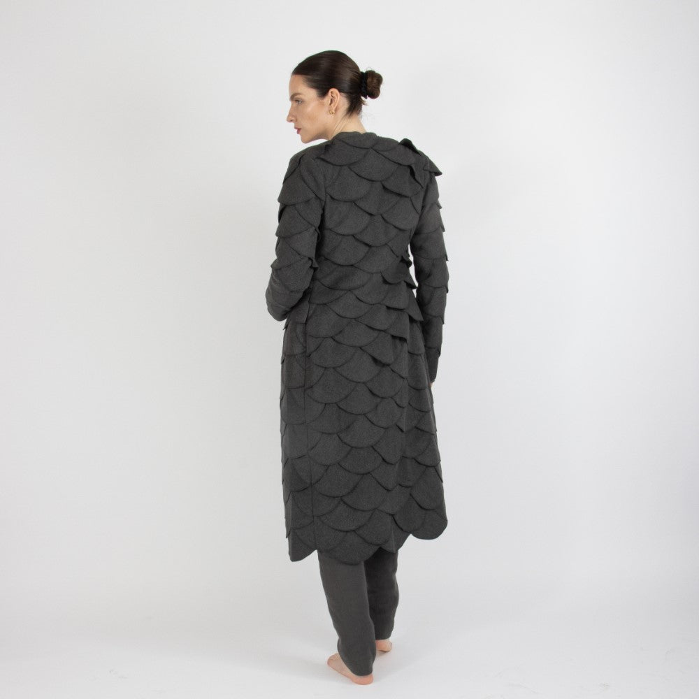 Grey Maristella Scalloped Wool Overcoat