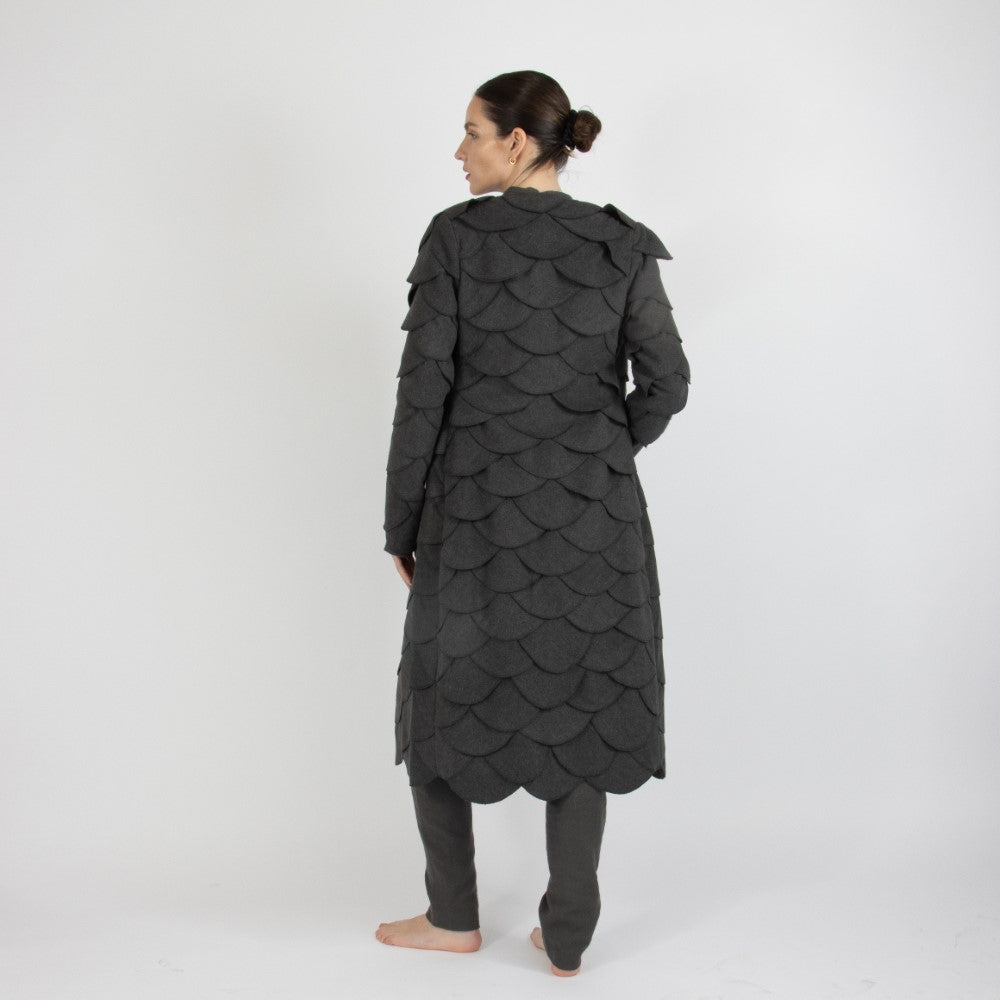 Grey Maristella Scalloped Wool Overcoat