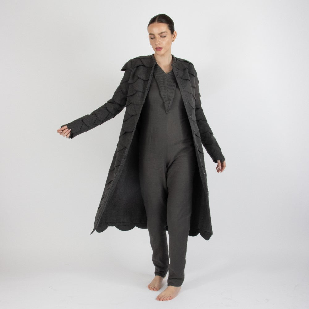Grey Maristella Scalloped Wool Overcoat