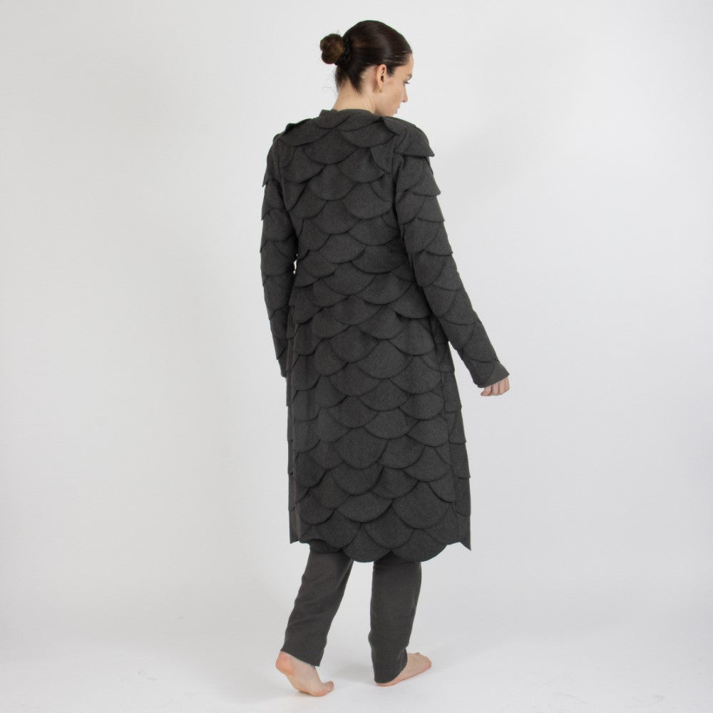 Grey Maristella Scalloped Wool Overcoat