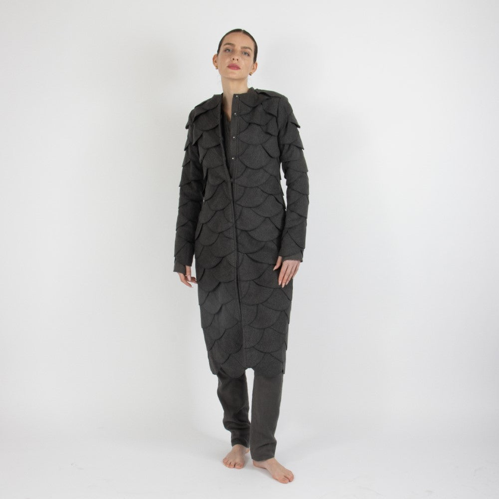 Grey Maristella Scalloped Wool Overcoat
