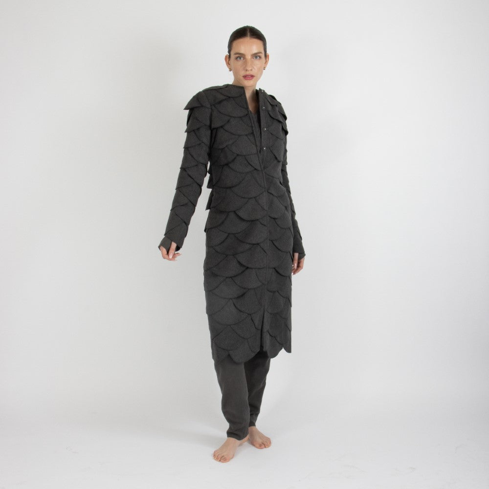 Grey Maristella Scalloped Wool Overcoat