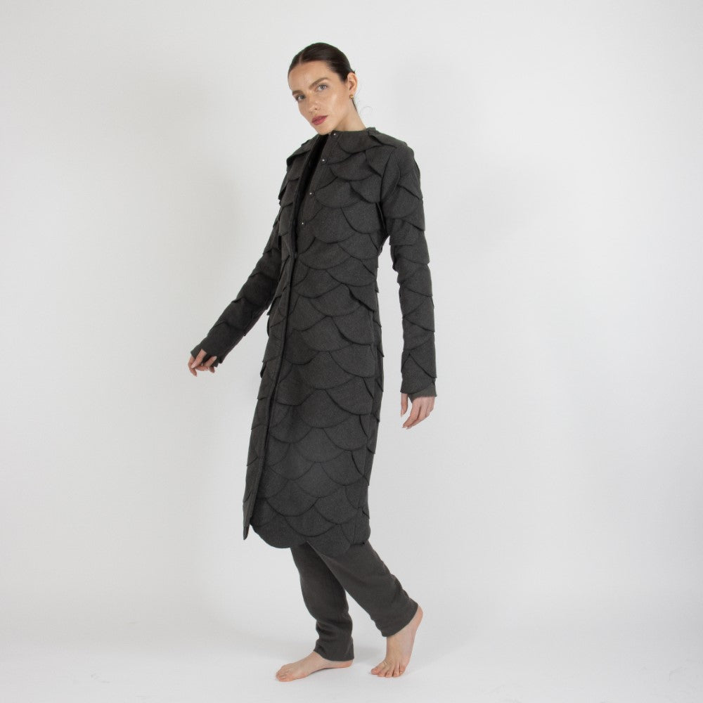 Grey Maristella Scalloped Wool Overcoat
