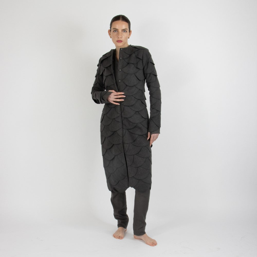 Grey Maristella Scalloped Wool Overcoat