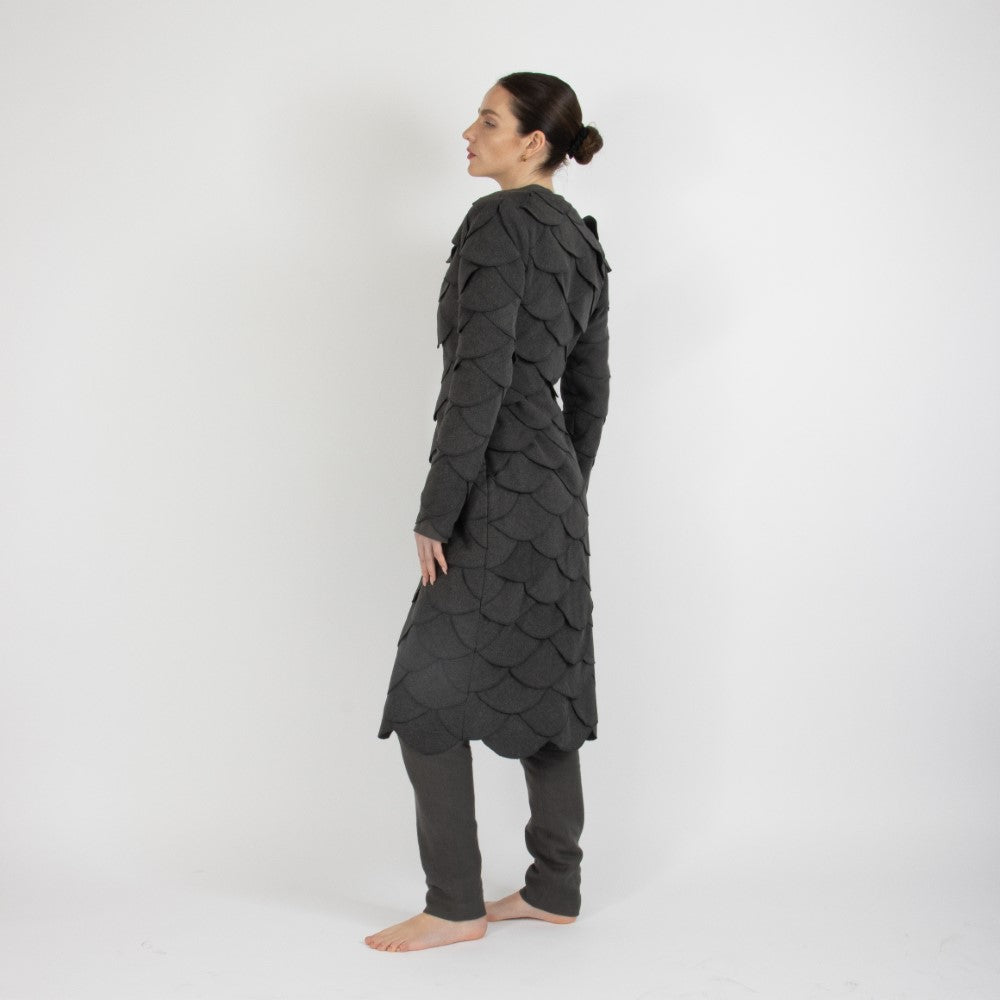 Grey Maristella Scalloped Wool Overcoat
