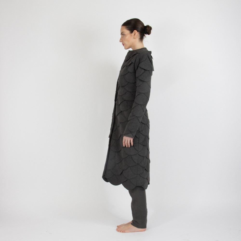 Grey Maristella Scalloped Wool Overcoat
