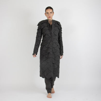 Grey Maristella Scalloped Wool Overcoat