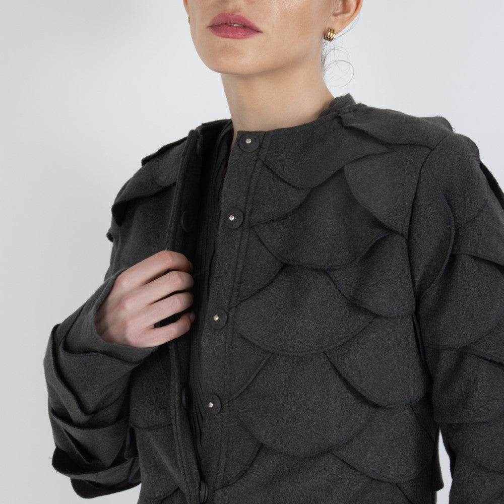 Grey Maristella Scalloped Wool Overcoat