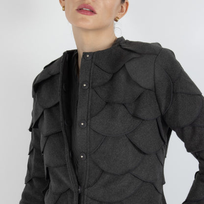 Grey Maristella Scalloped Wool Overcoat