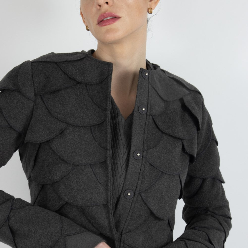 Grey Maristella Scalloped Wool Overcoat