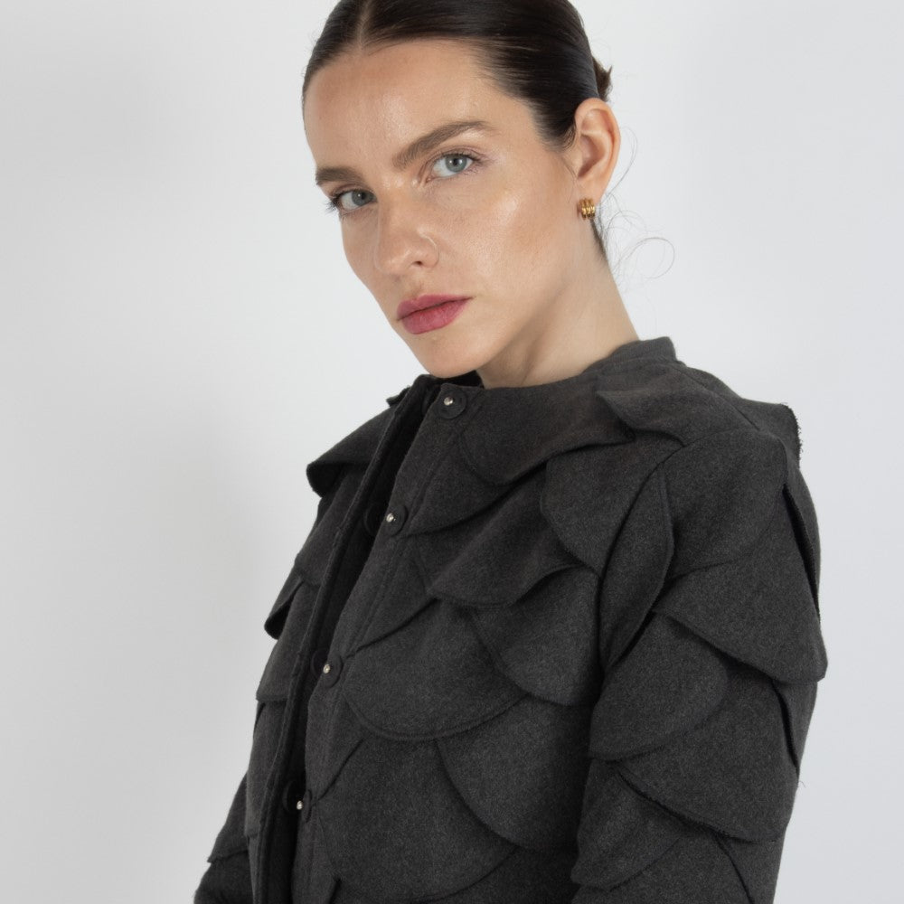 Grey Maristella Scalloped Wool Overcoat