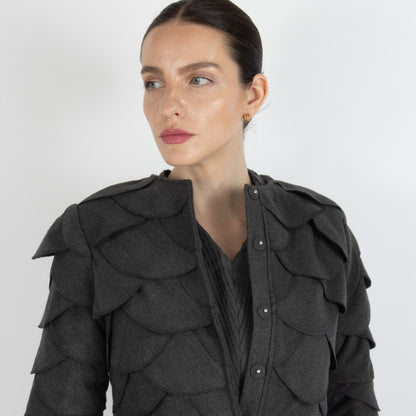 Grey Maristella Scalloped Wool Overcoat