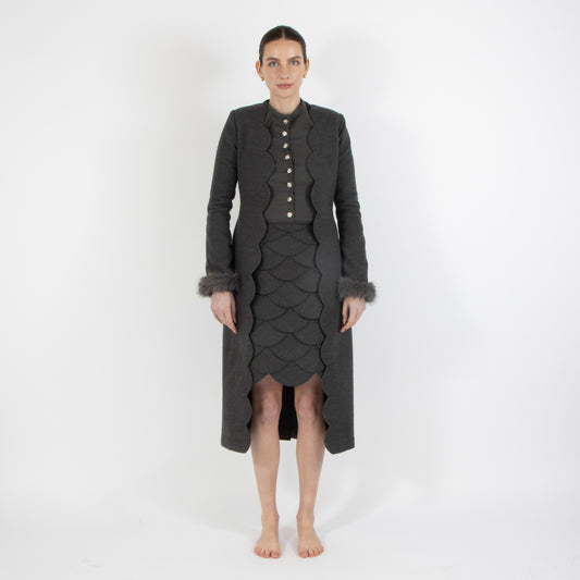 Grey Elysia Scalloped Wool Overcoat