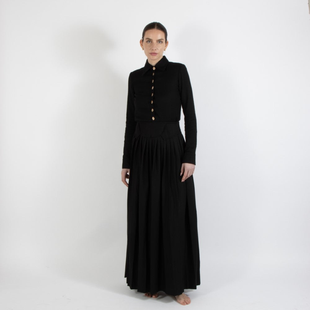 Black Nixie Pleated Wool Skirt With Adjuster Waist Band