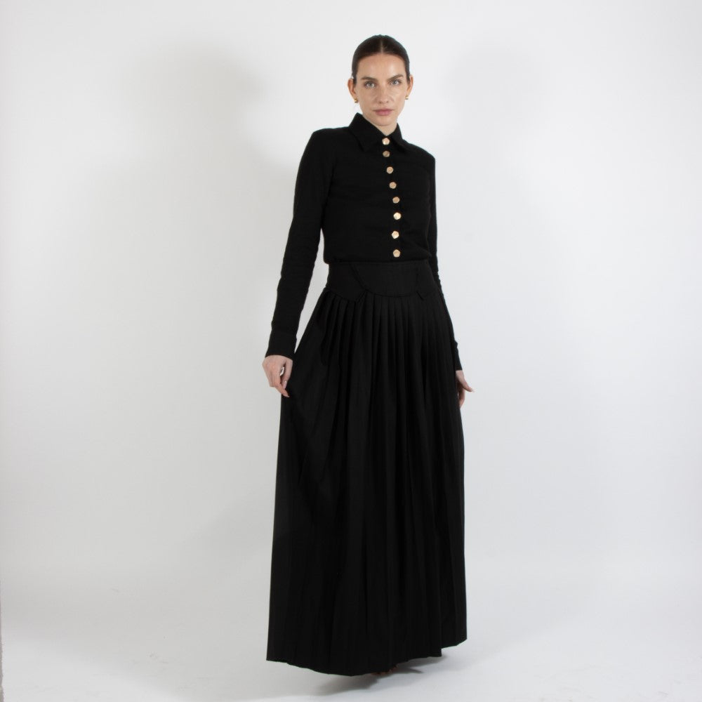 Black Nixie Pleated Wool Skirt With Adjuster Waist Band