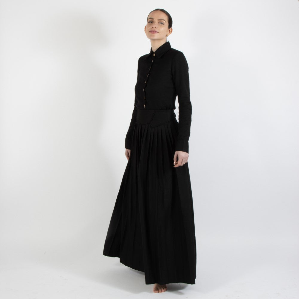 Black Nixie Pleated Wool Skirt With Adjuster Waist Band