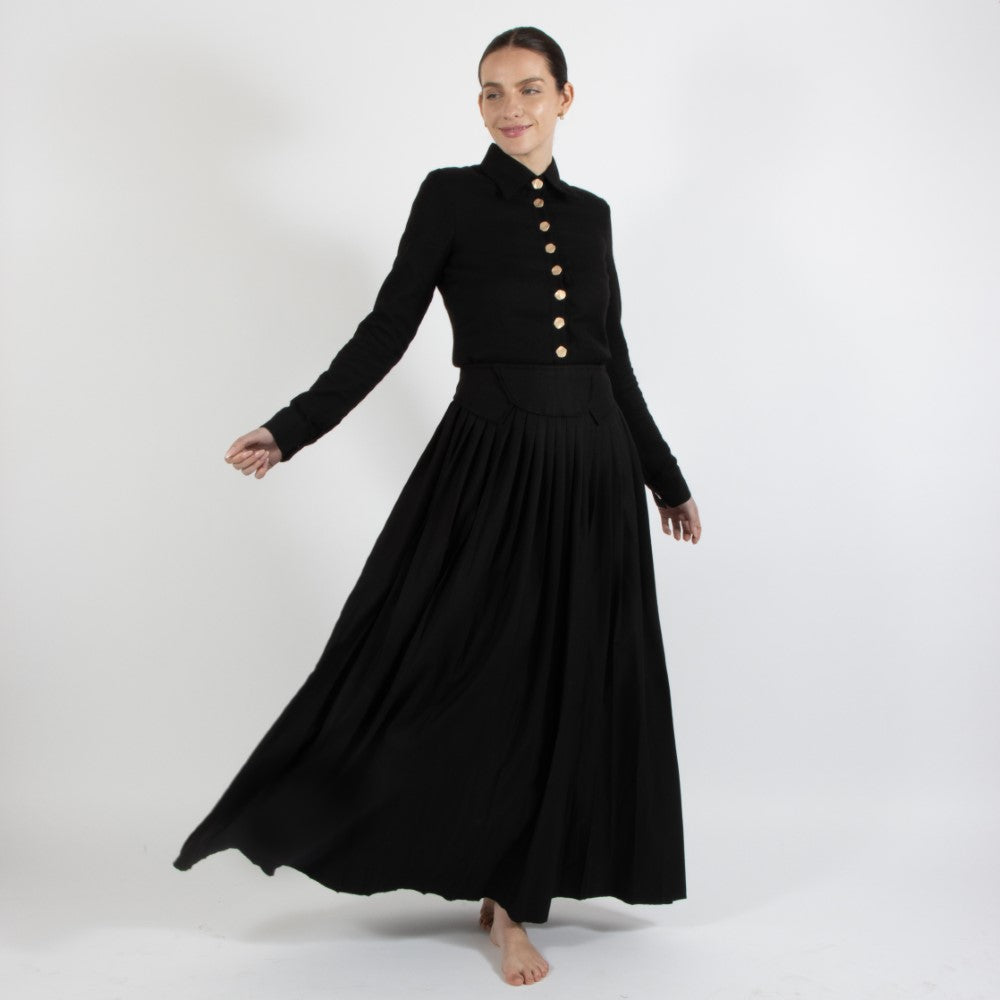 Black Nixie Pleated Wool Skirt With Adjuster Waist Band