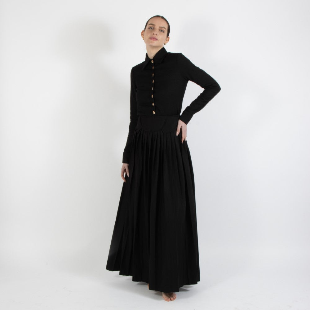 Black Nixie Pleated Wool Skirt With Adjuster Waist Band