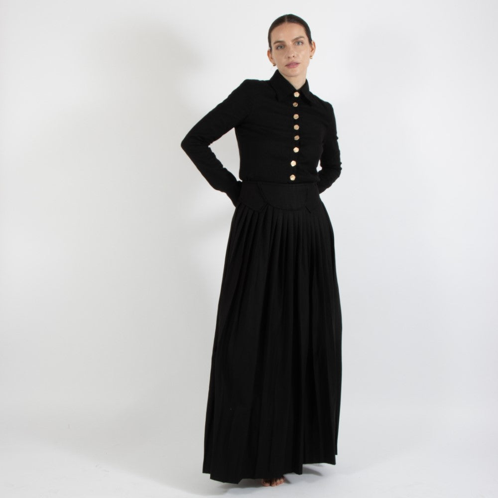Black Nixie Pleated Wool Skirt With Adjuster Waist Band