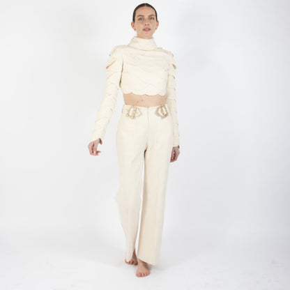 Ecru White Lunara Scalloped Wool Crop Top