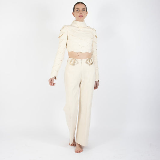 Ecru White Lunara Scalloped Wool Crop Top