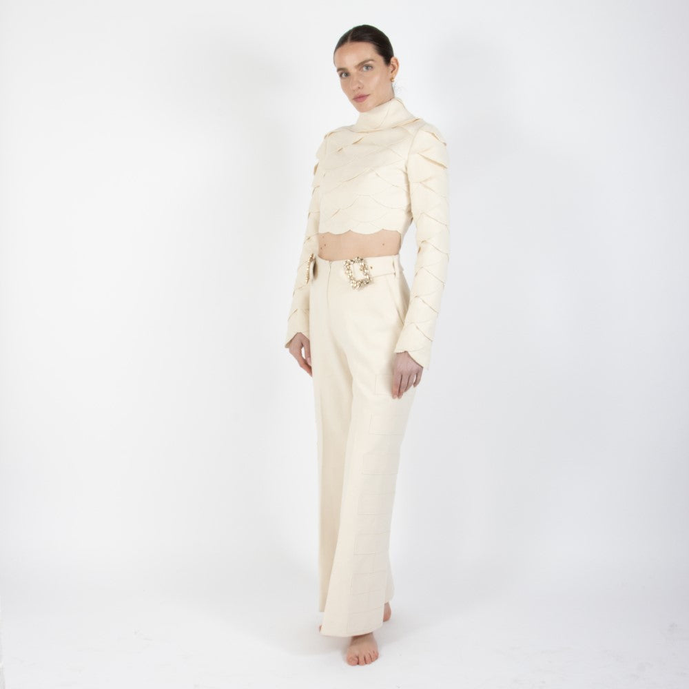 Ecru White Lunara Scalloped Wool Crop Top