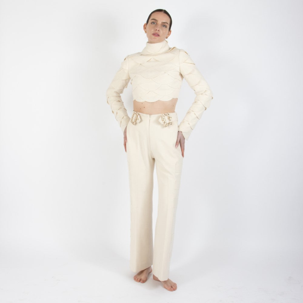 Ecru White Lunara Flair Bottom Wool Trouser With Embellishment At Waist Band