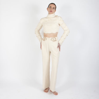 Ecru White Lunara Flair Bottom Wool Trouser With Embellishment At Waist Band