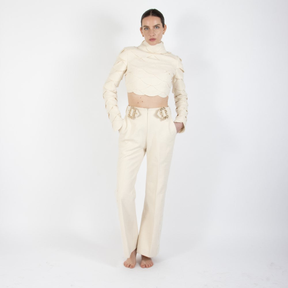 Ecru White Lunara Scalloped Wool Crop Top