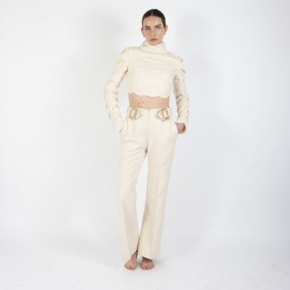 Ecru White Lunara Scalloped Wool Crop Top