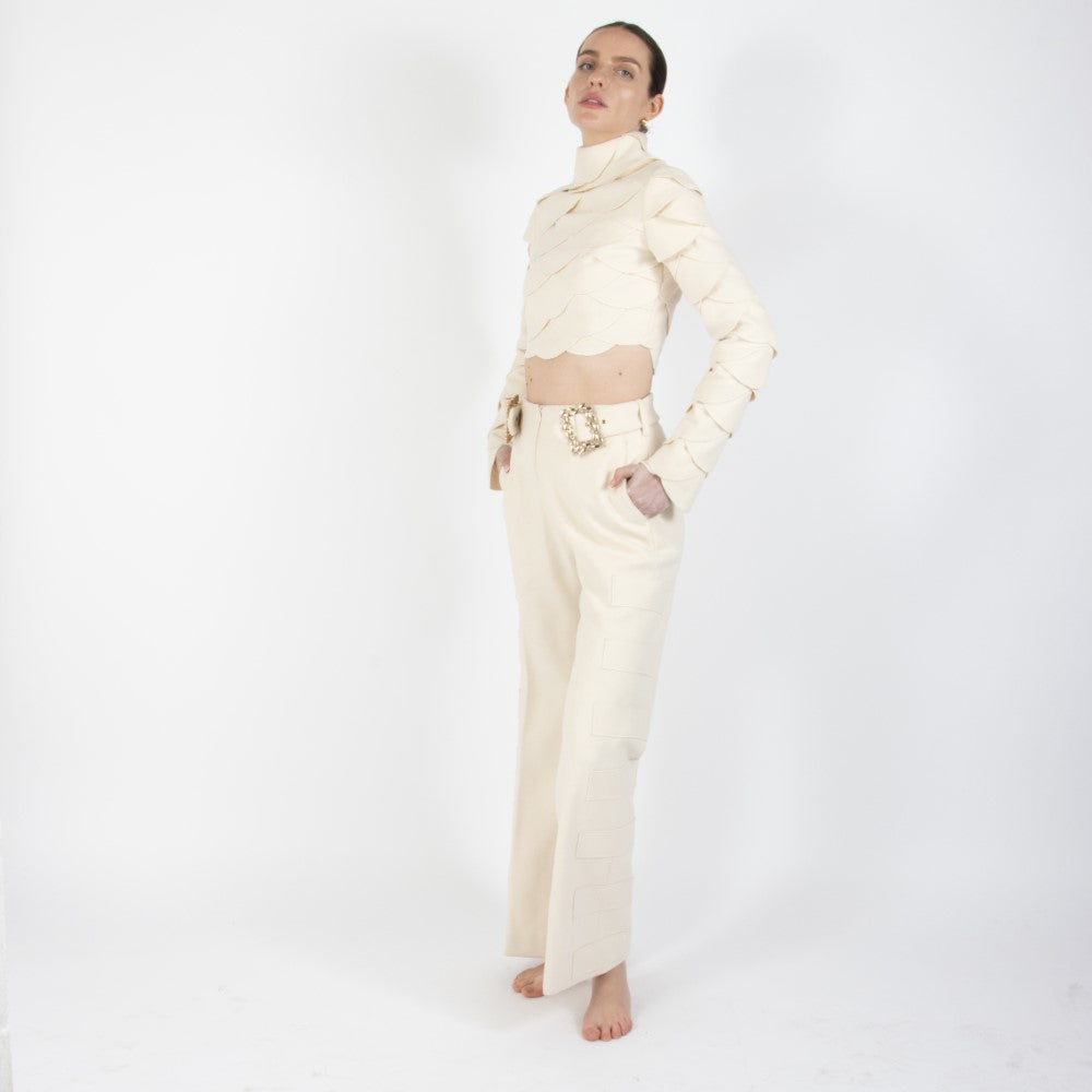 Ecru White Lunara Scalloped Wool Crop Top