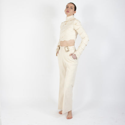 Ecru White Lunara Scalloped Wool Crop Top