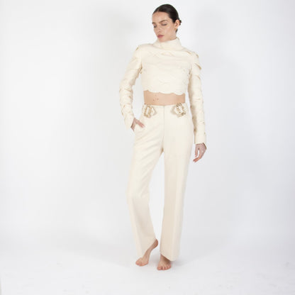 Ecru White Lunara Scalloped Wool Crop Top