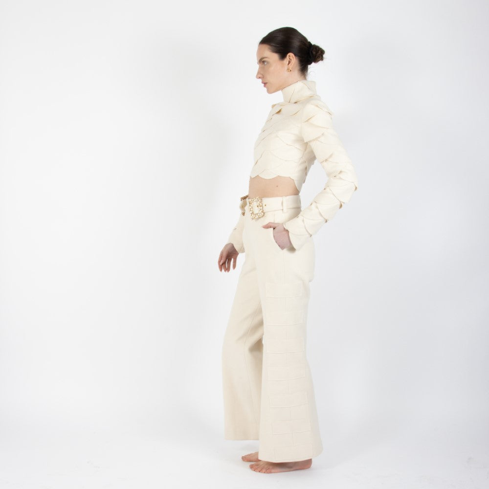 Ecru White Lunara Scalloped Wool Crop Top