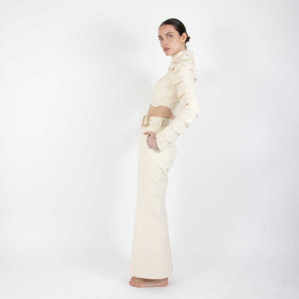 Ecru White Lunara Scalloped Wool Crop Top
